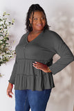 Double Take Half Button Long Sleeve Ruffle Hem Blouse 