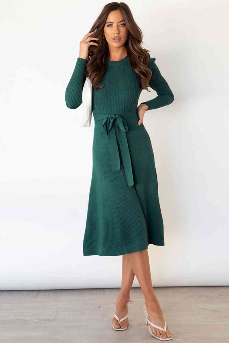 Round Neck Long Sleeve Tie Waist Sweater Dress Dresses