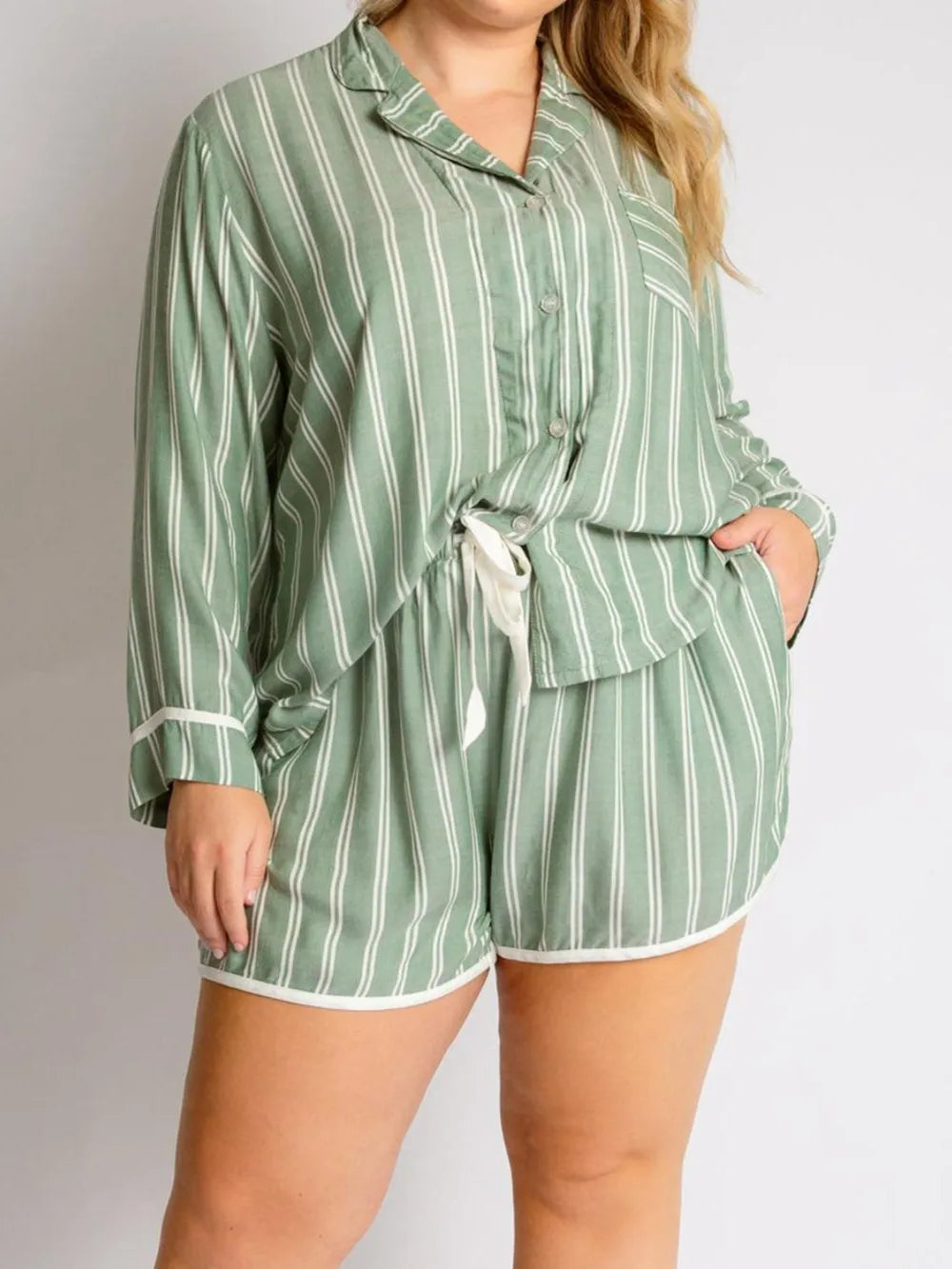 Striped Collared Neck Long Sleeve Top and Shorts Lounge Set Lingerie & Nightwear
