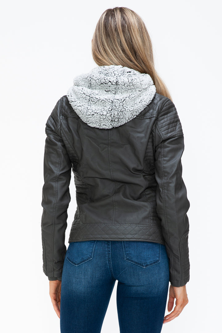 YMI Faux Layered Double-Zipper Jacket with Fuzzy Hood 