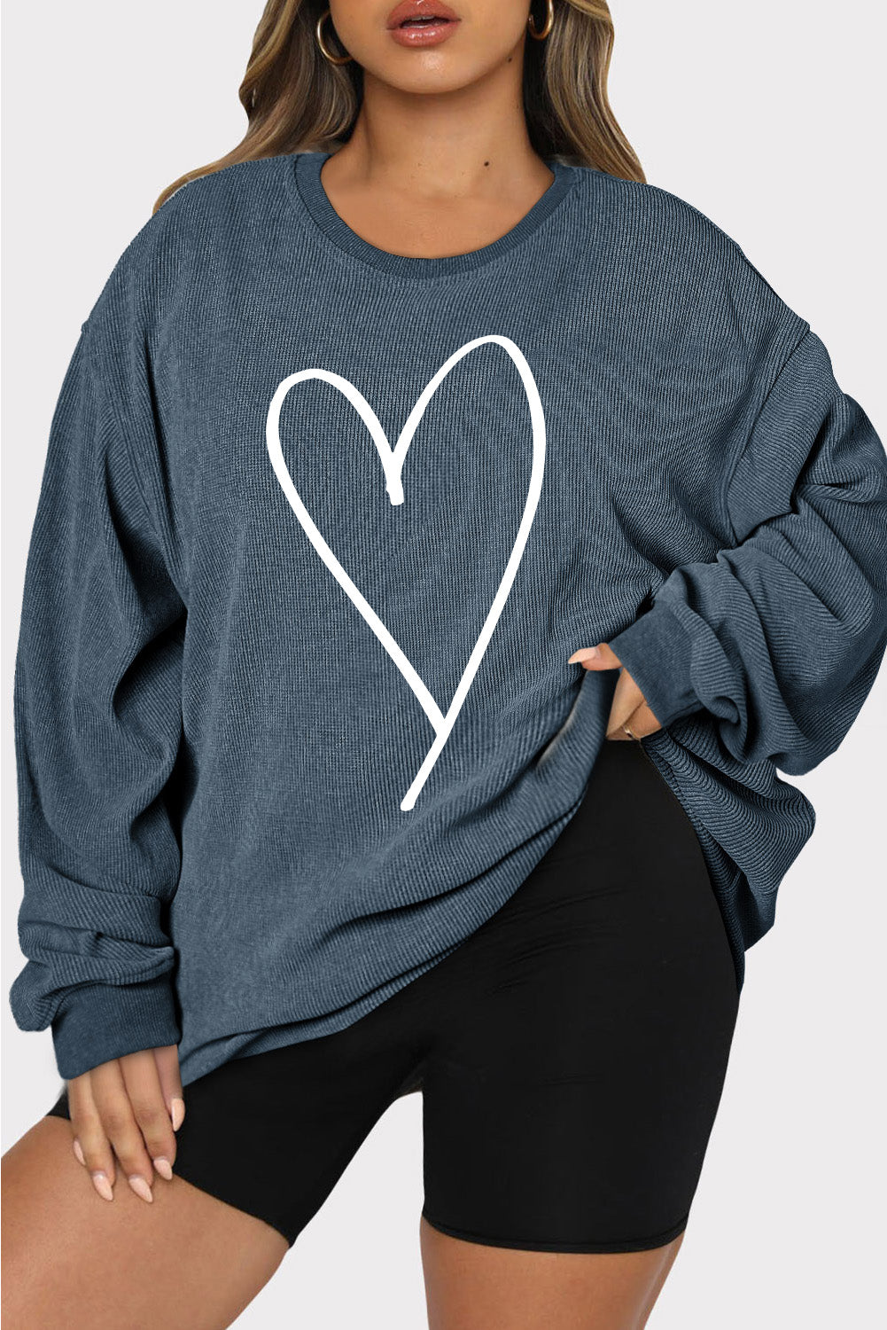 Plus Size Heart Ribbed Round Neck Sweatshirt 