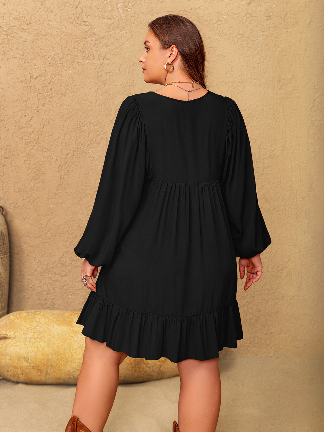 Plus Size Embroidered Tie Neck Long Sleeve Mini Dress 