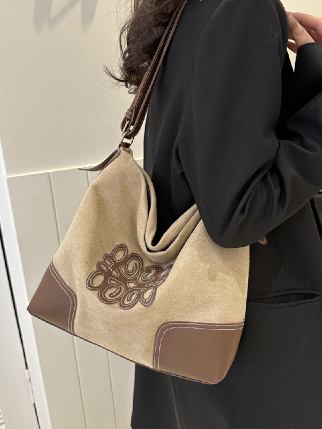 Suede Patch Adjustable Strap Tote Bag 