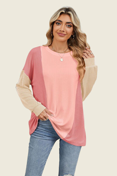 Double Take Texture Contrast Round Neck Long Sleeve T-Shirt 