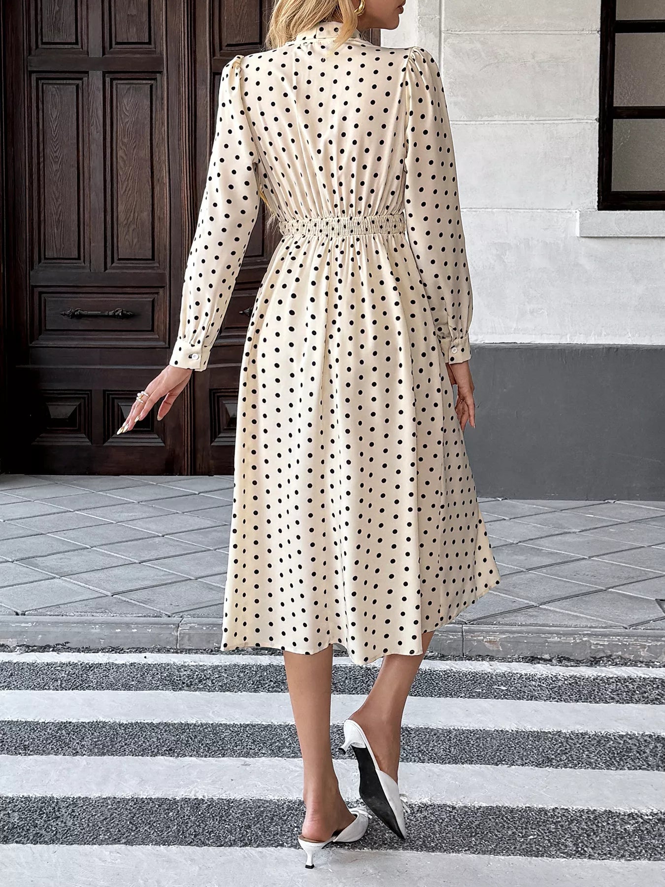 Polka Dot Tie Front Long Sleeve Midi Dress 