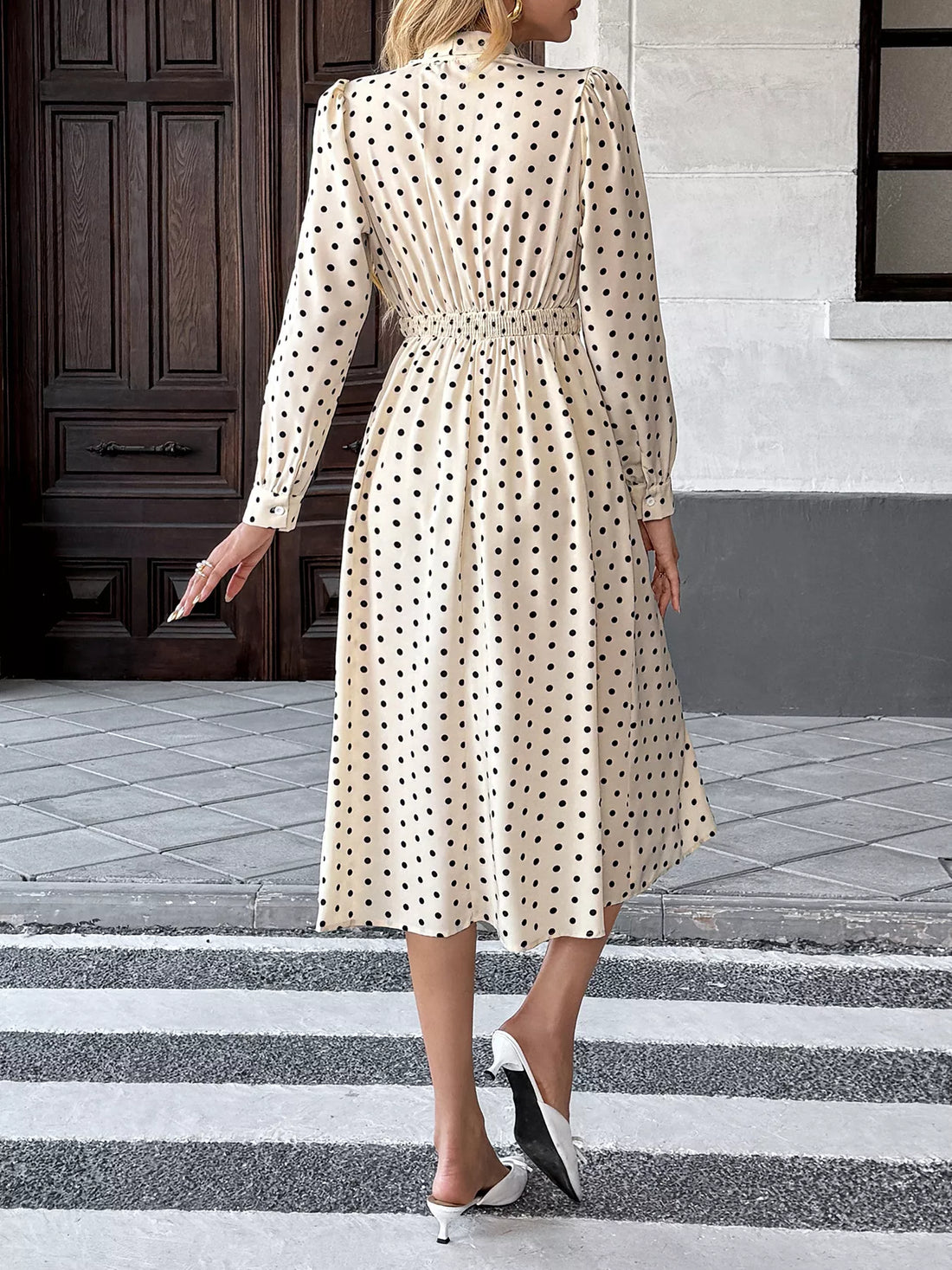 Polka Dot Tie Front Long Sleeve Midi Dress 