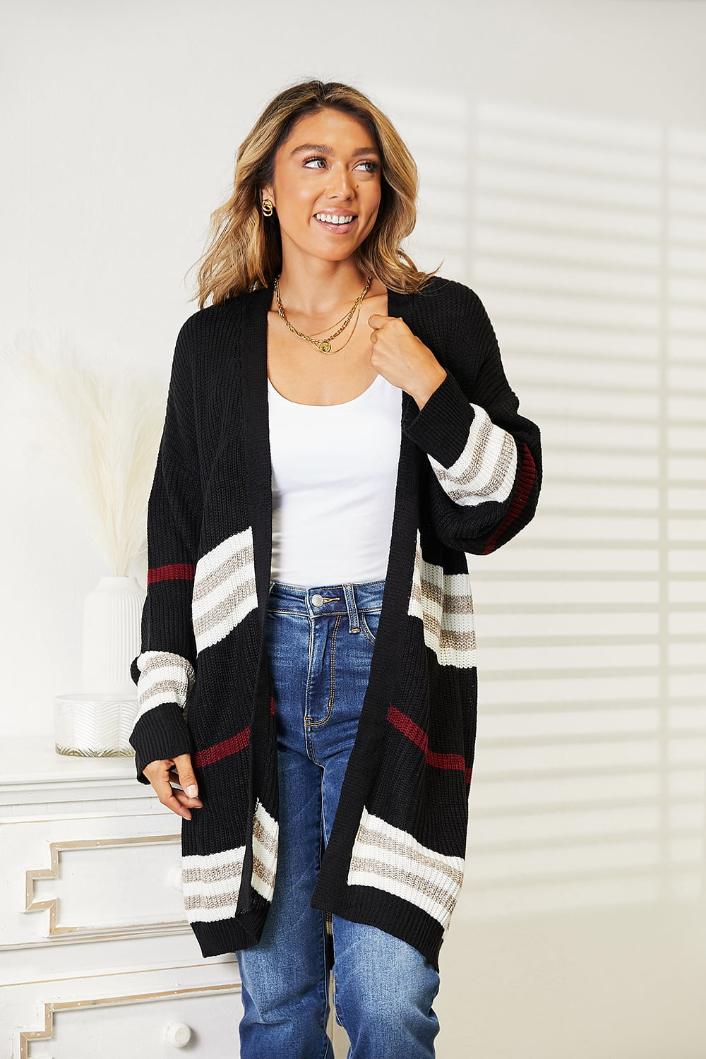 Perfee Striped Rib-Knit Drop Shoulder Open Front Cardigan 