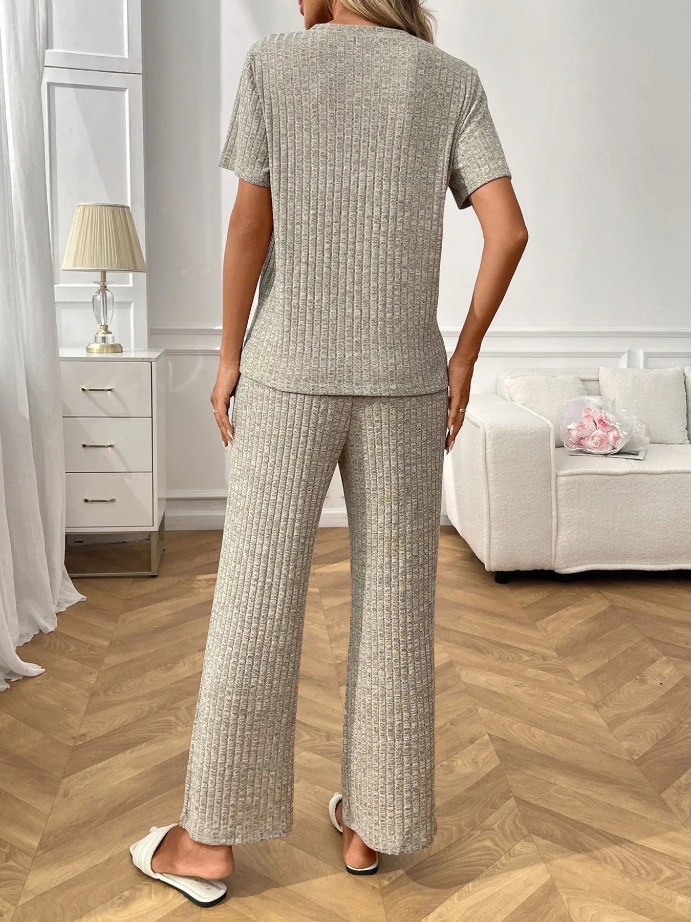 Ribbed Knit Short Sleeve Top and Pants Lounge Set Lingerie & Nightwear