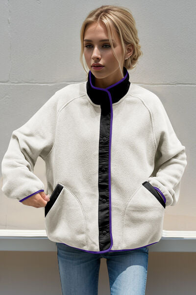 Double Take Snap Down Contrast Fleece Jacket with Pockets 