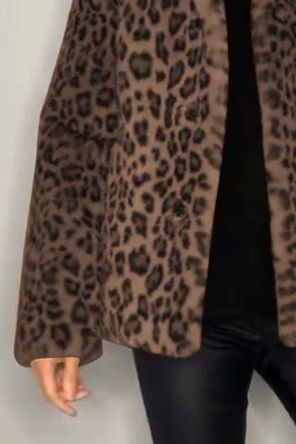 Full Size Leopard Furry Collared Neck Long Sleeve Coat 