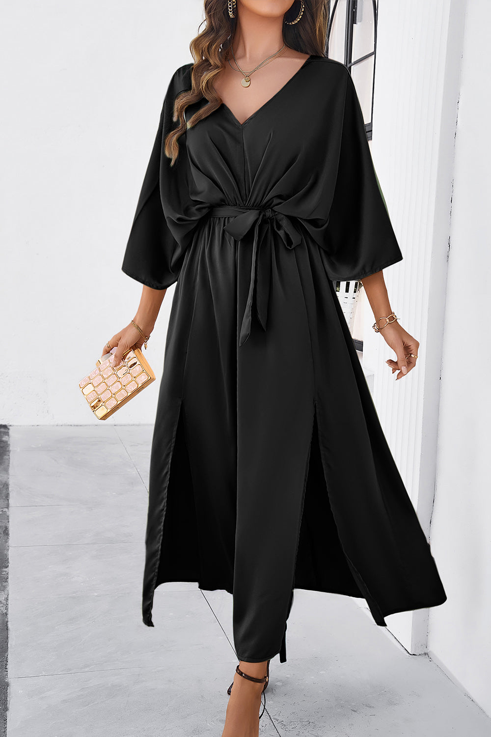 Devine Slit Tied V-Neck Three-Quarter Sleeve Dress 