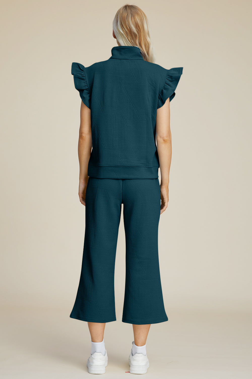 Double Take Full Size Texture Ruffle Short Sleeve Top and Wide Leg Pants Set 