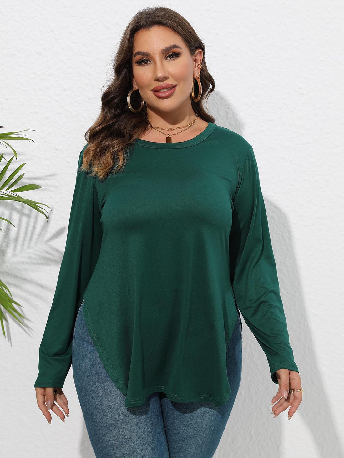 Plus Size Round Neck Long Sleeve Slit T-Shirt 