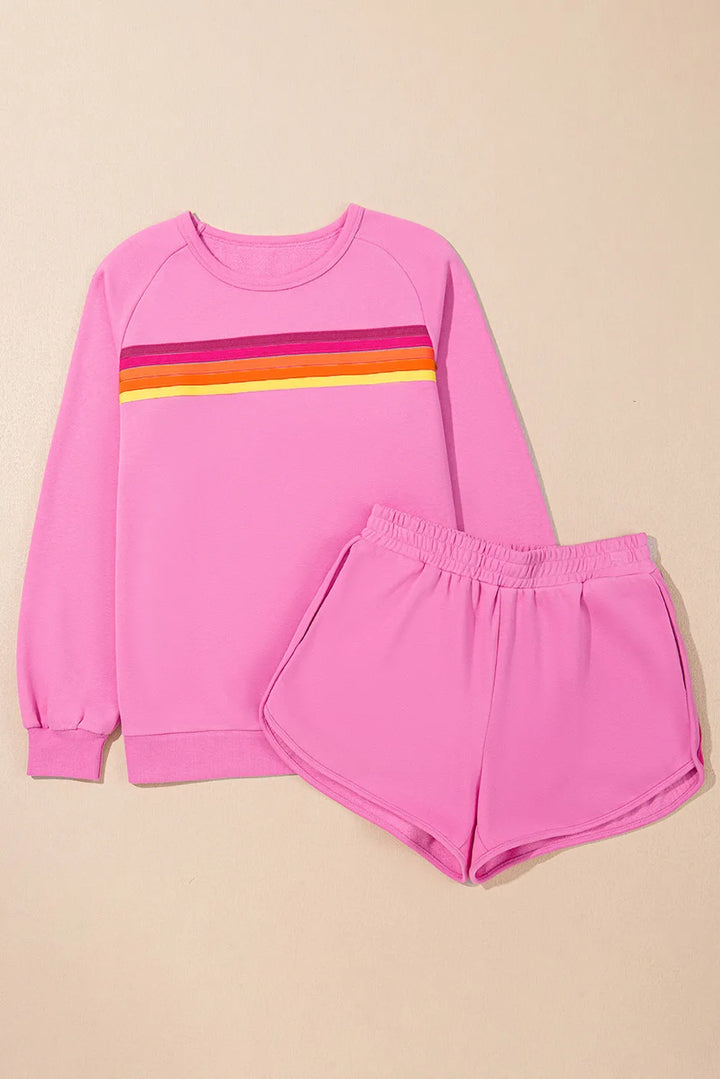 Full Size Contrast Striped Round Neck Top and Shorts Set 
