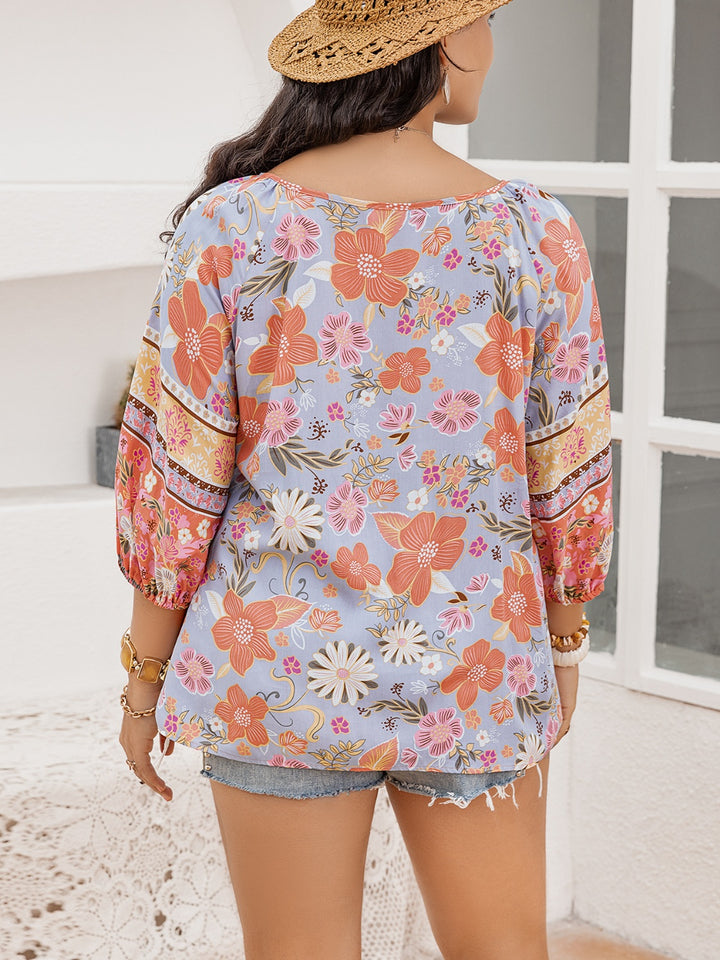 Plus Size Printed Tie Neck Balloon Sleeve Blouse 