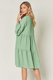 Double Take Full Size V-Neck Balloon Sleeve Tiered Dress with Pockets 