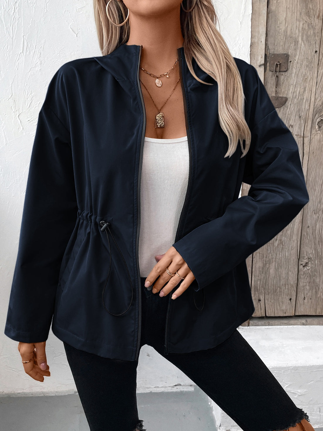 Ivy Lane Drawstring Zip Up Hooded Jacket 
