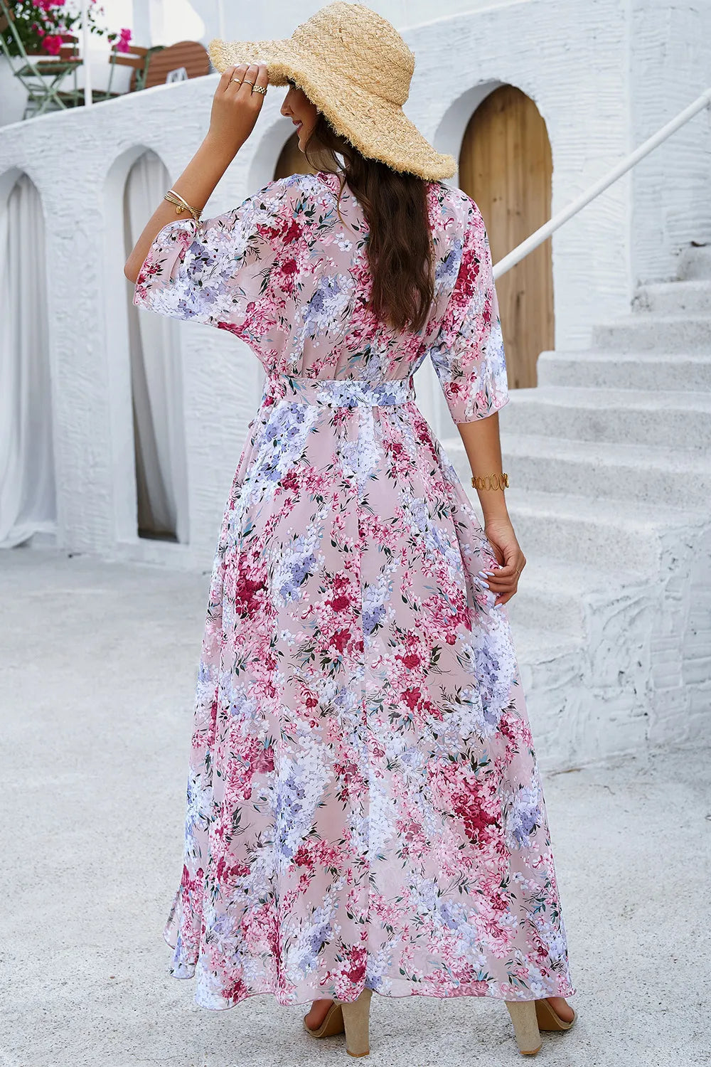 Devine Printed Tied Half Sleeve Slit Dress 
