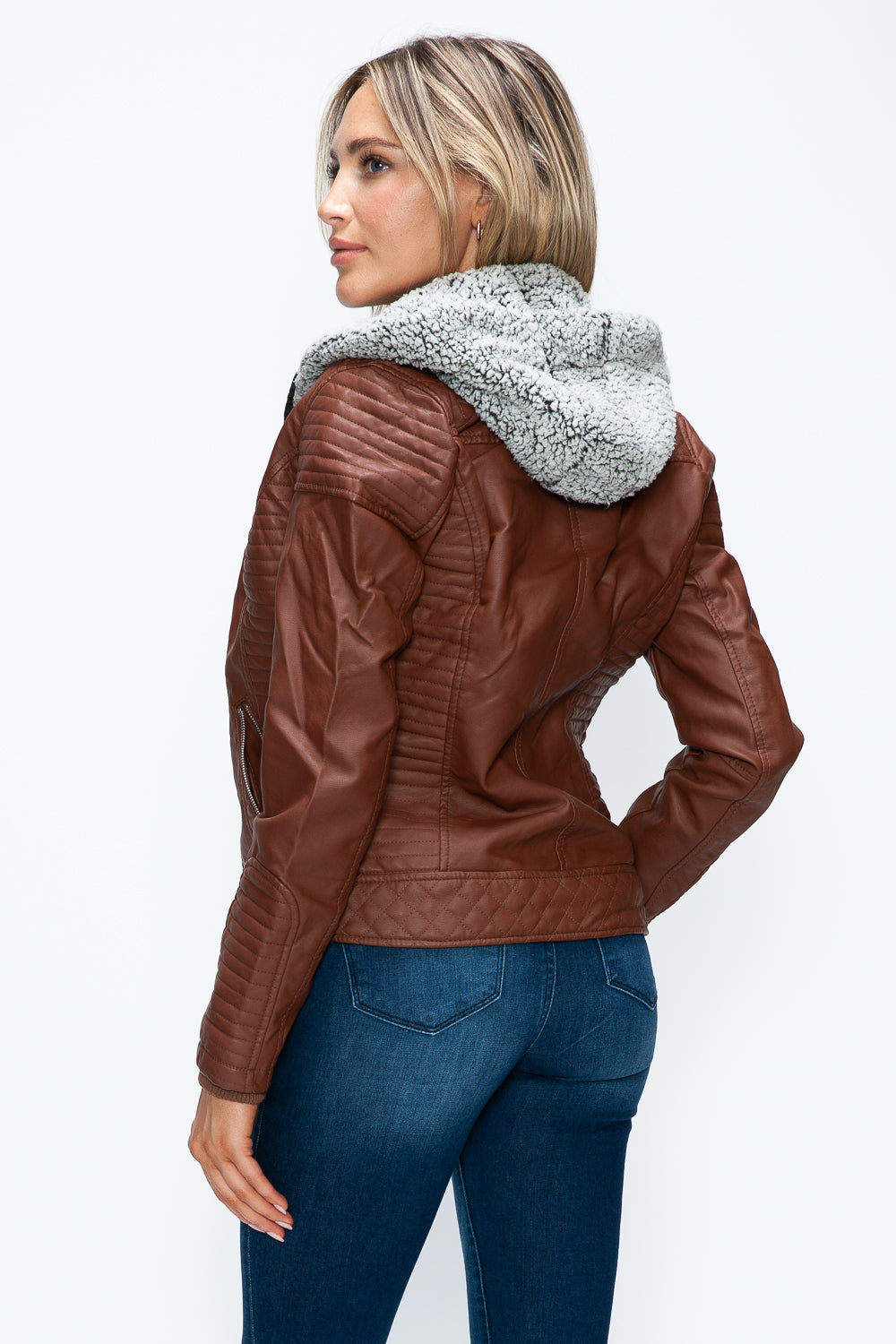 YMI Faux Layered Double-Zipper Jacket with Fuzzy Hood 