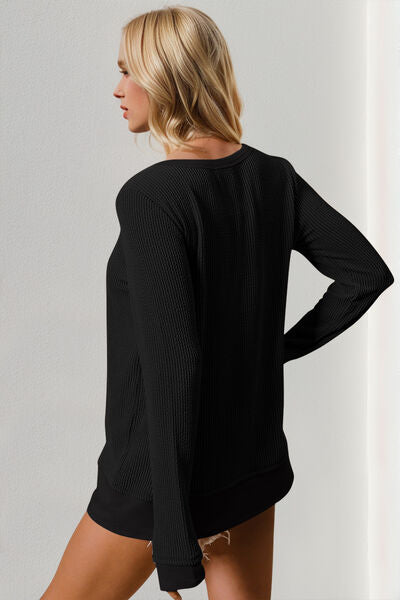 Double Take Corded Rib Thumbhole Cuff Round Neck T-Shirt 