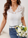 Lace Scalloped V-Neck Eyelet T-Shirt 