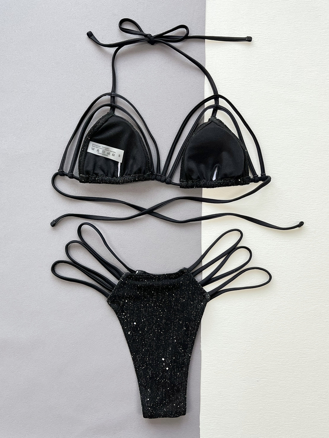 Glitter Halter Neck Strappy Two-Piece Bikini Set swimwear