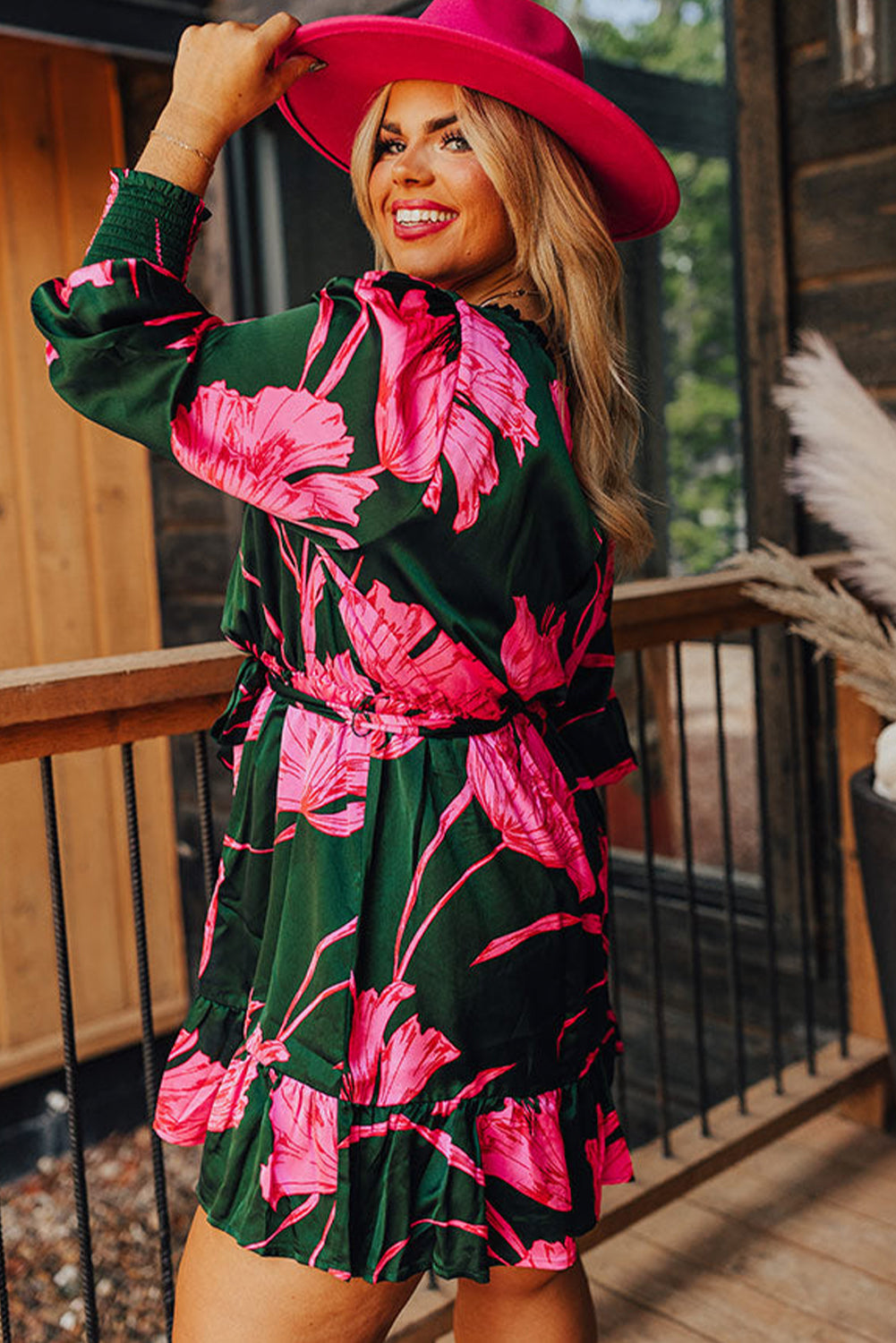 Plus Size Printed Lantern Sleeve Ruffle Hem Dress 