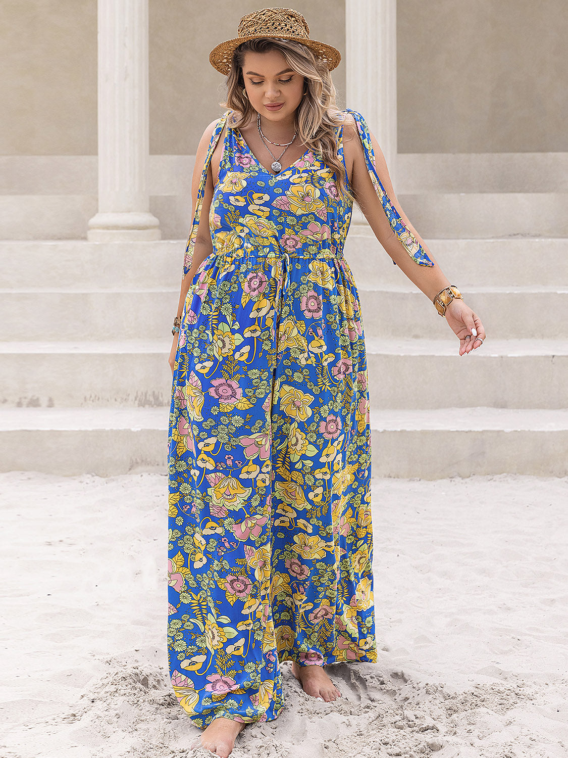 Plus Size Printed V-Neck Wide Leg Jumpsuit 