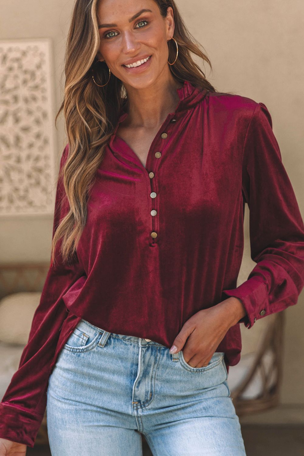 Frill Half Button Mock Neck Long Sleeve Blouse 
