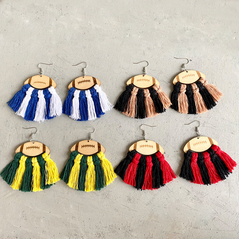 Fringe Detail Football Shape Wooden Dangle Earrings 