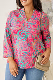 Plus Size Printed Notched Long Sleeve Blouse 