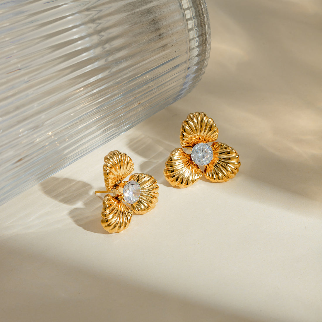 Stainless Steel Zircon Flower Shape Earrings 