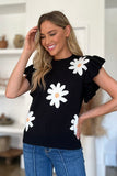 Double Take Full Size Ruffled Flower Round Neck Cap Sleeve Sweater 