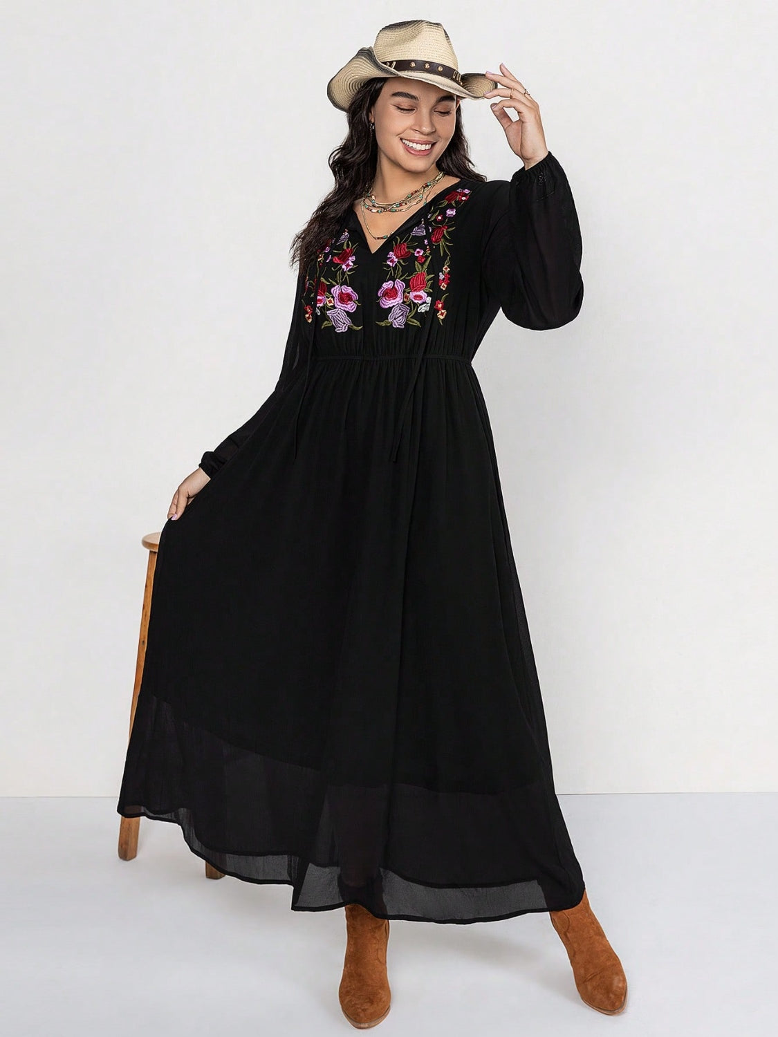 Plus Size Embroidered Tie Neck Long Sleeve Dress 