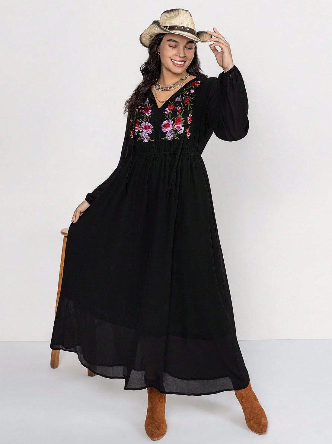 Plus Size Embroidered Tie Neck Long Sleeve Dress 
