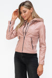 Snobbish Faux Leather Zip Up Drawstring Hooded Jacket 