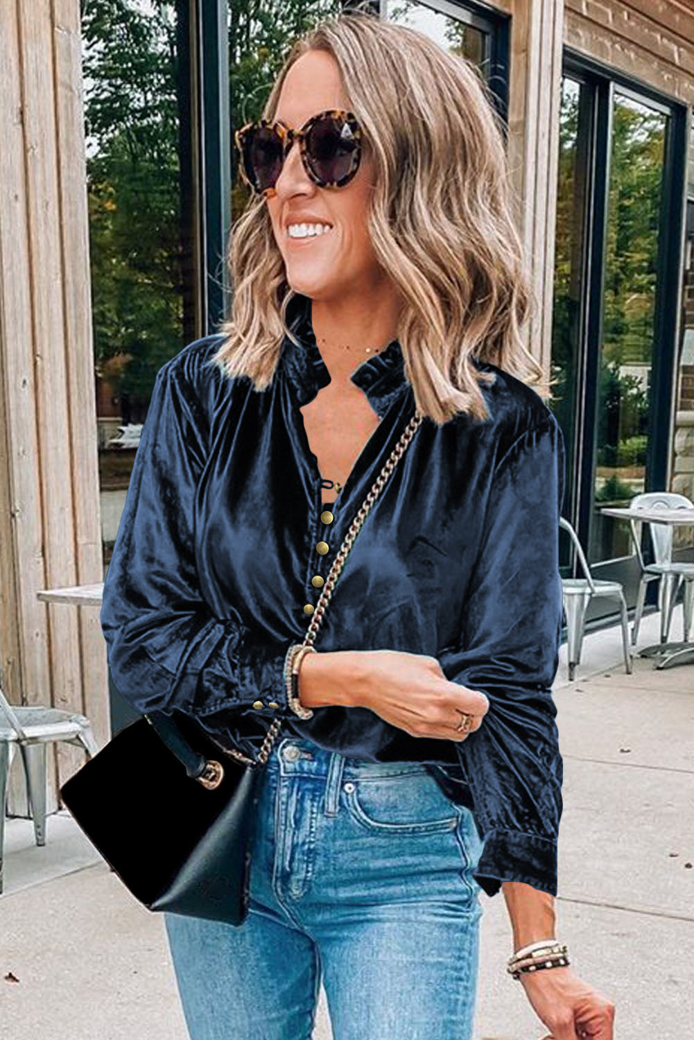 Frill Half Button Mock Neck Long Sleeve Blouse 