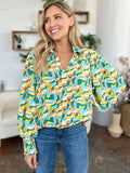 Double Take Full Size Printed Smocked Long Sleeve Blouse 