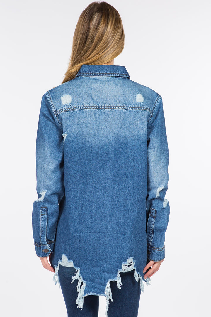 American Bazi Distressed Frayed Hem Denim Jacket 