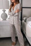 Leopard Button Down Long Sleeve Top and Pants Lounge Set Lingerie & Nightwear