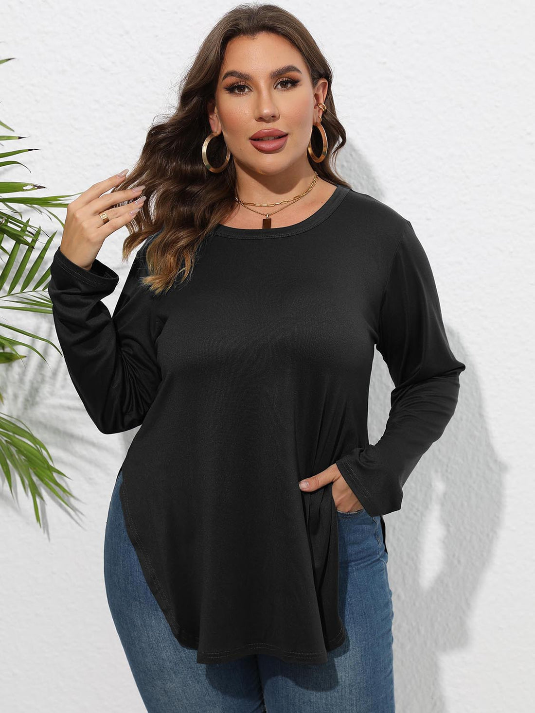 Plus Size Round Neck Long Sleeve Slit T-Shirt 