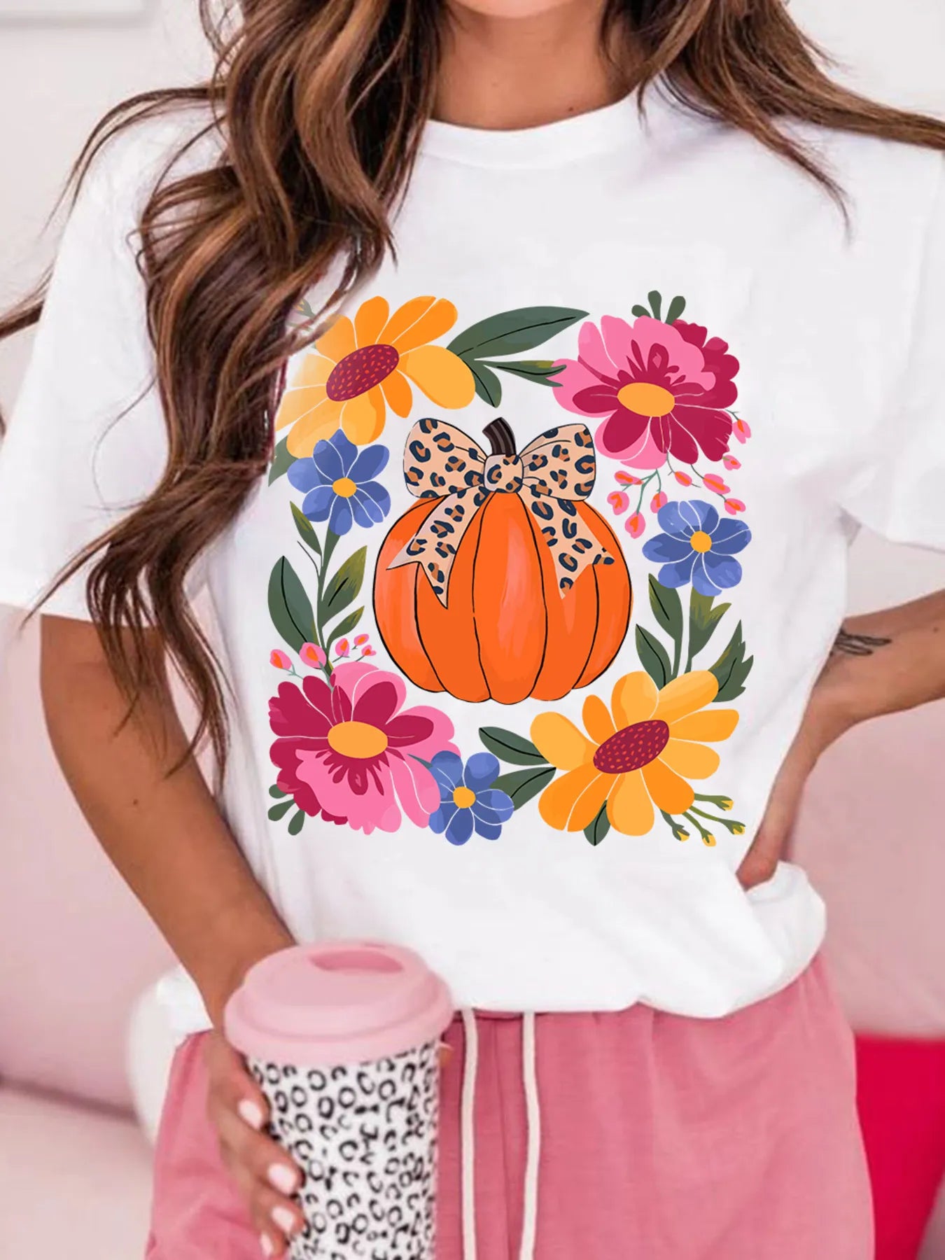 Pumpkin Floral Graphic Round Neck T-Shirt 