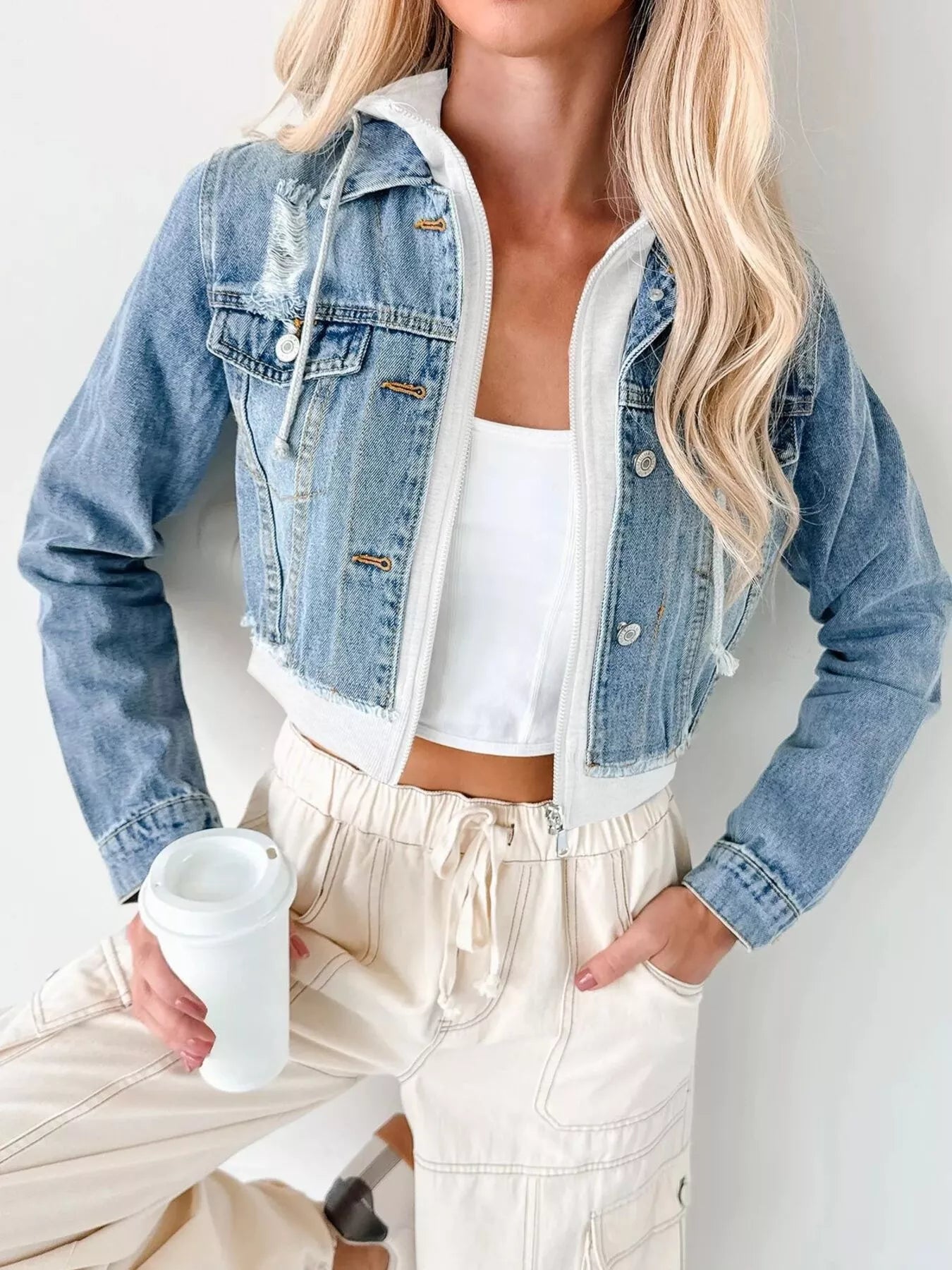 Distressed Zip Up Cropped Hooded Denim Jacket 