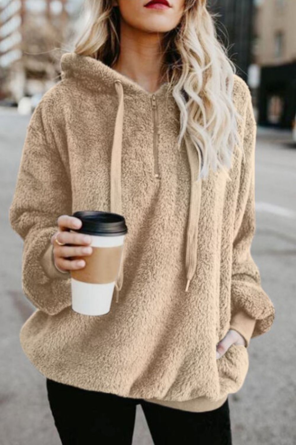 Full Size Quarter-Zip Drawstring Teddy Hoodie 