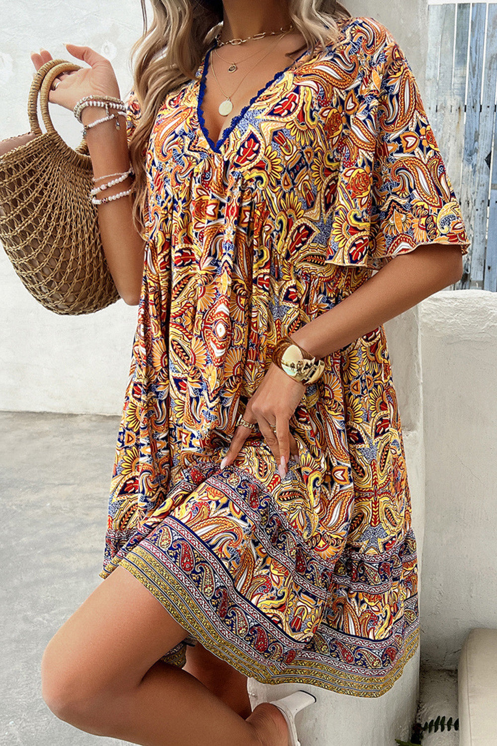 Devine Printed V-Neck Half Sleeve Mini Dress 
