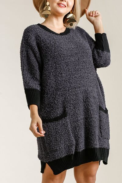 Umgee Full Size Ribbed Hem Round Neck 3/4 Sleeve Sweater Dress with Pockets Plus Size Dresses