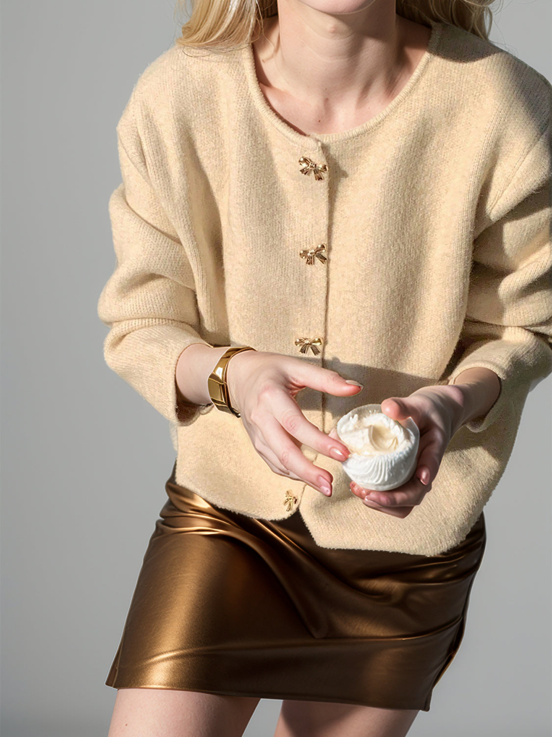 Bow Button Down Round Neck Long Sleeve Cardigan 