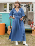 Plus Size Ruched Slit Three-Quarter Sleeve Midi Dress 