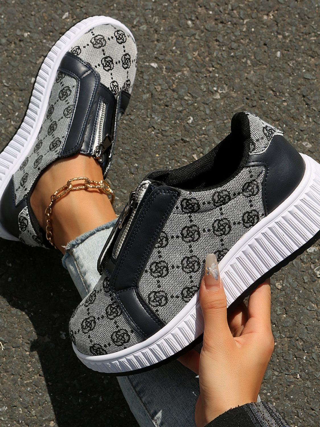 Floral Round Toe Sneakers with Zip 