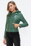 Snobbish Faux Leather Zip Up Drawstring Hooded Jacket 